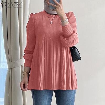 Женская повседневная блузка с круглым вырезом и длинным рукавом в складку