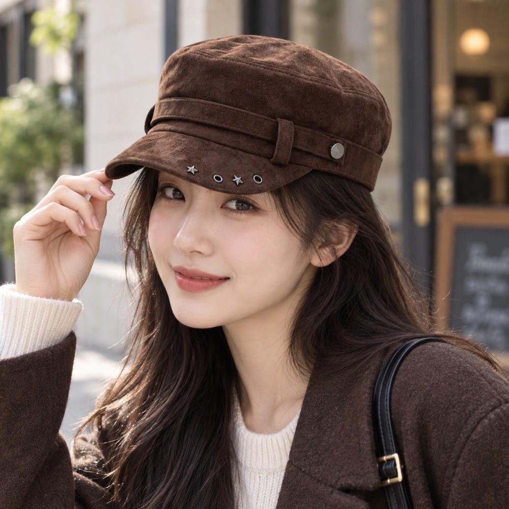 Solid Color Newsboy Peaked Cap Versatile Metal Rivet Hat Fashion Flat Top Hat Women