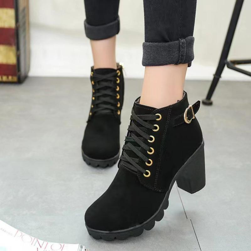 Fashion Pu Leather Ankle Boots Women 2024 Autumn Wedge High Heels Woman Comfort Women Shoes Buckle Lace Up Casual Short Boats
