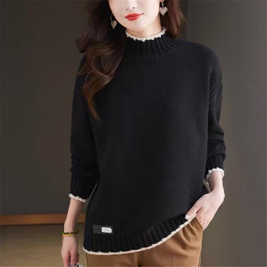 Plus Size Color Block Half-High Neck Sweater - Women's Loose Autumn/Winter Knit Pullover