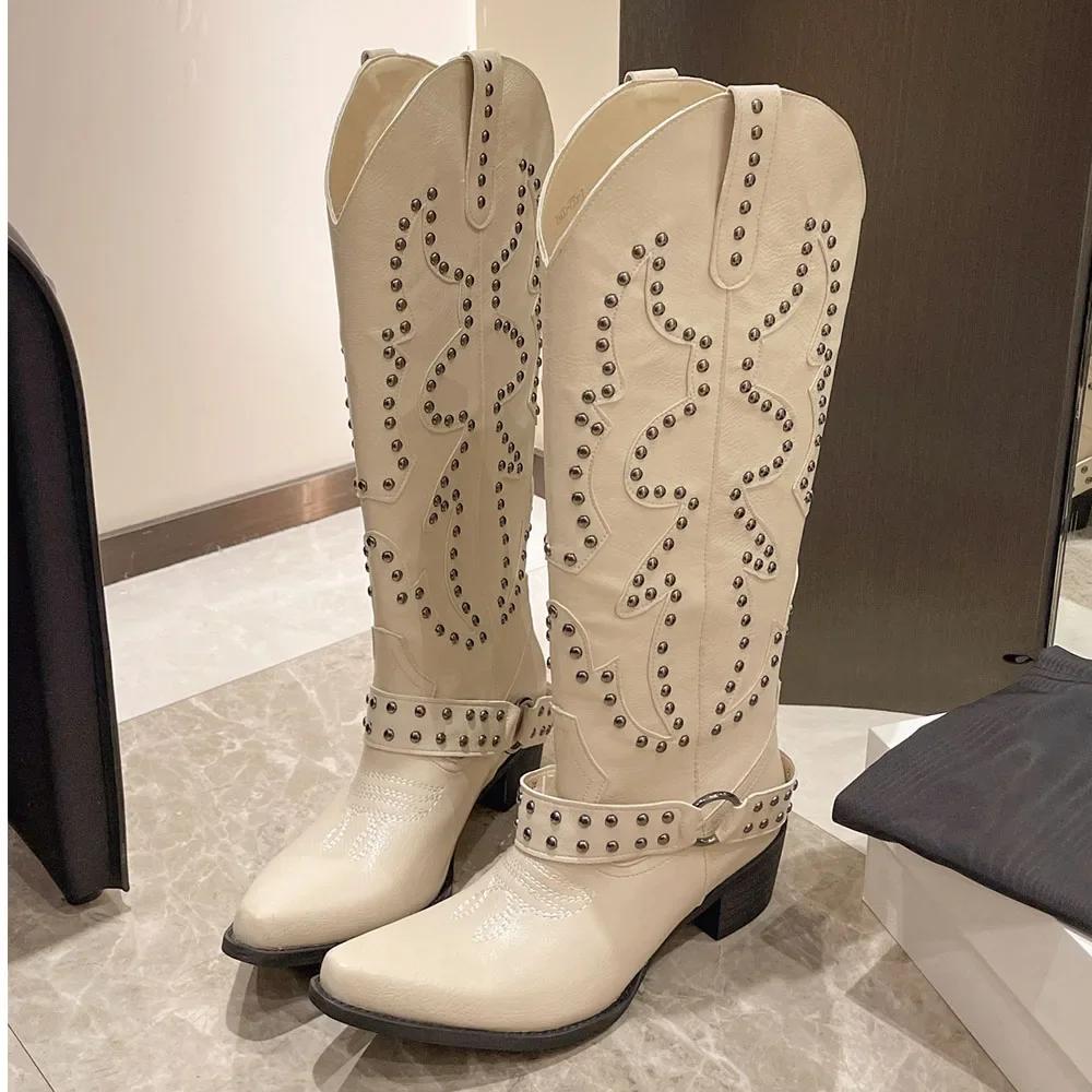 2025 Большой размер 42 Ретро стиль Майяр Коричневые ковбойские сапоги Женские Панк заклепки Массивный каблук До колена Западные Мотоциклетные сапоги Обувь