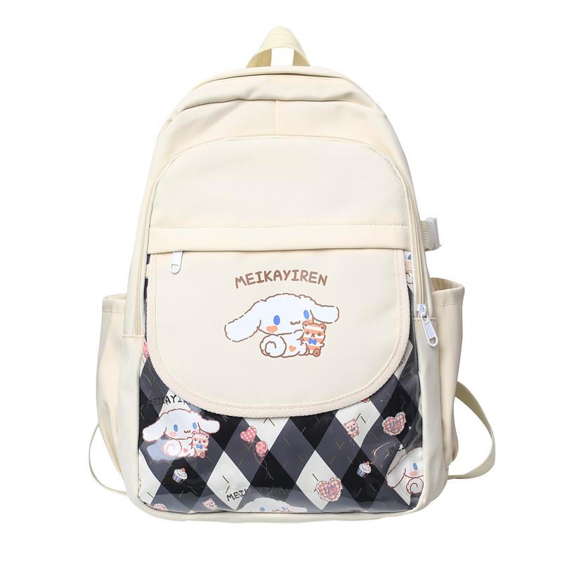 Cute Cinnamoroll Letter Printed Student Backpack With Transparent Compartments For Daily Use