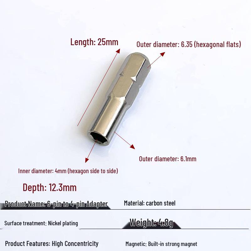 Bit Converter Magnetic Rod: 6 to 4 Adapter, 4mm/6.35mm to 1/4 Extension