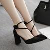 2025 Spring and Summer New One-word Buckle Pointed High Heels Women's Suede Thick Heel Black Middle Heel Sandals Strap Single Shoes
