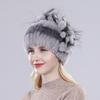 Winter Women Good Elasticity Real Rex Rabbit Fur Hats with Silver Fox Fur Lady Outdoor Warm Knitted Genuine Rex Rabbit Fur Cap