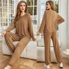 Women’s Sleep Lounge 2 Piece Pajamas Set Round Neck Long Sleeves Shirts Jogger Pants Autumn Spring Sleeping Suit Brown Casual Loose Wear