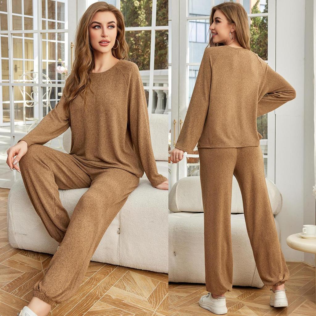 Women’s Sleep Lounge 2 Piece Pajamas Set Round Neck Long Sleeves Shirts Jogger Pants Autumn Spring Sleeping Suit Brown Casual Loose Wear