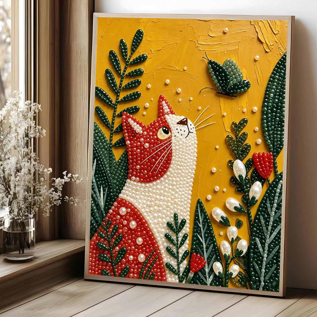 Расслабляющий DIY набор для рисования жемчугом в рамке с милым дизайном кошки и бабочки 5D сверкающий холст с бусинами, поделка для декора стены спальни, домашний декор, подарок