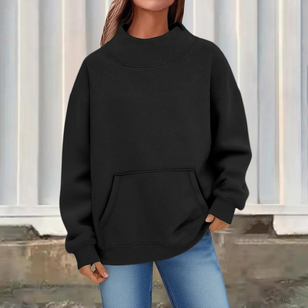 Women's Fashion Oversized Fleece-Lined Long-Sleeve High-Neck Pullover Solid Color Sweatshirt