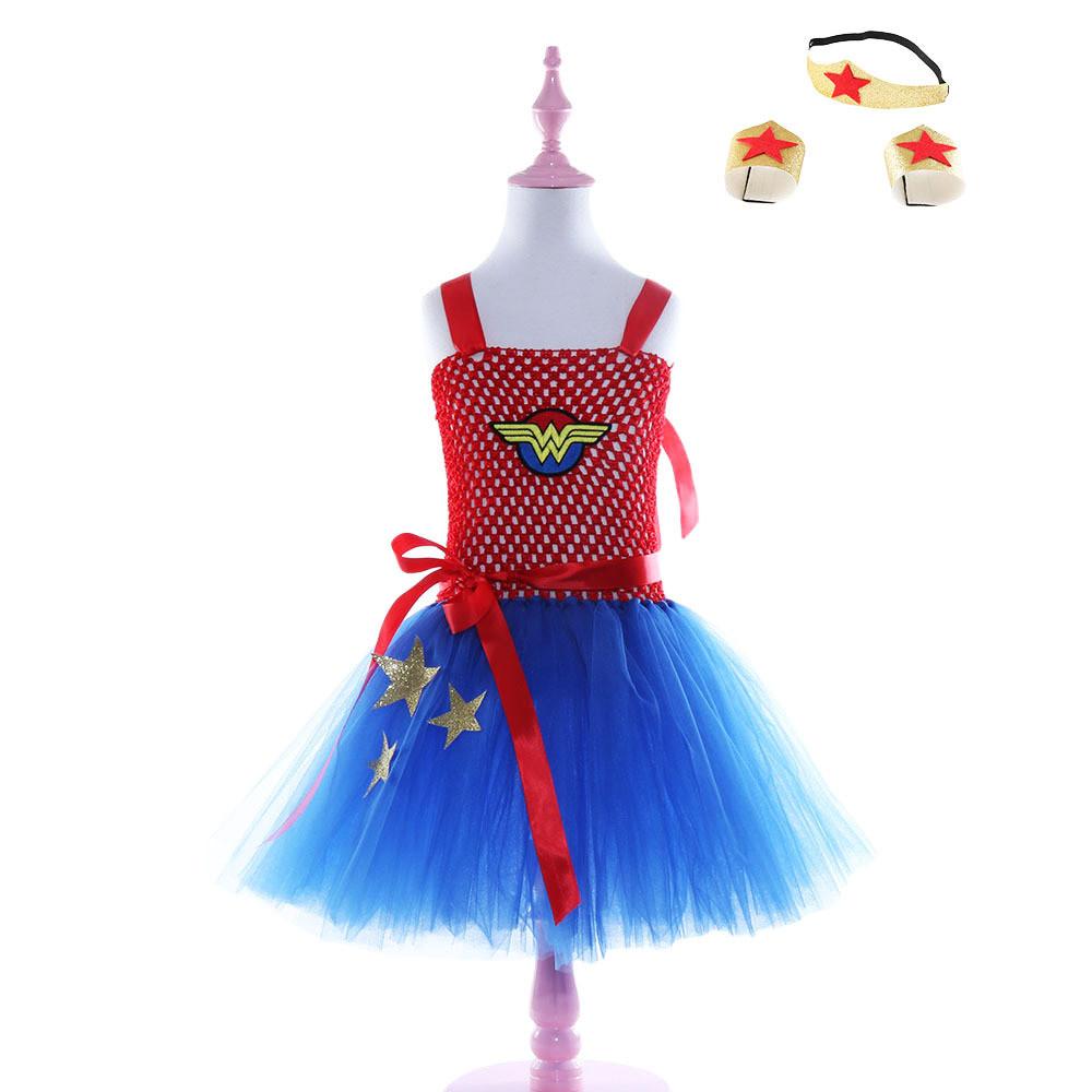Kids Girls Superhero Diana Mesh Tutu Dress Headwear Set Children Halloween Cosplay Costumes Child Pretend Princess Party Role Play Outfit