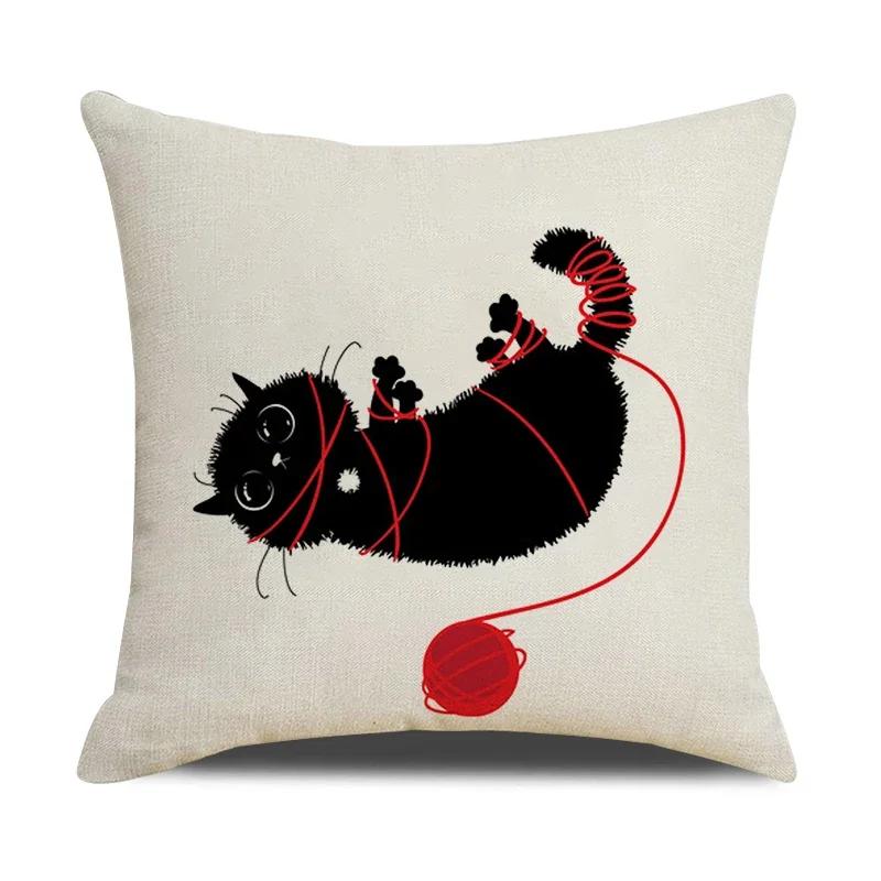 Смешные коты Принт Наволочка 45х45см Льняная наволочка Фермерский дом Домашний офис Декор Наволочка для диванной подушки Чехол для подушки