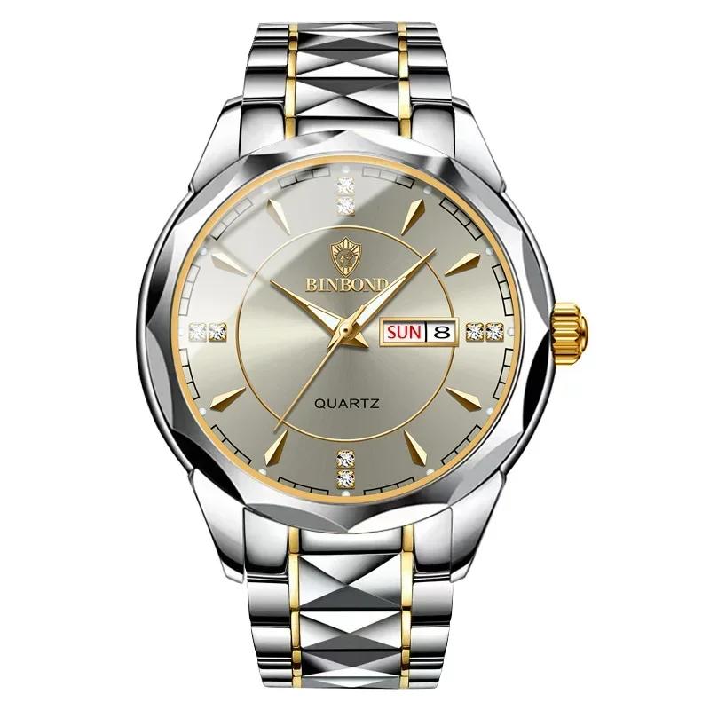 BINBOND Luxury Fashion Quartz Watch Men Waterproof Week Date Clock Stainless Steel Sport Business Watch Men Quartz Wrist Watch