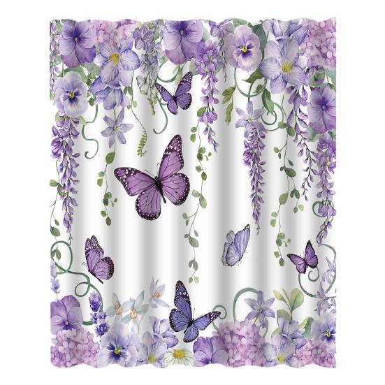 Floral Shower Curtain Spring Farmhouse Bathroom Curtain Waterproof Flowers Butterflies Leaves Bath Curtain with Hooks for Home Shower Bathtub