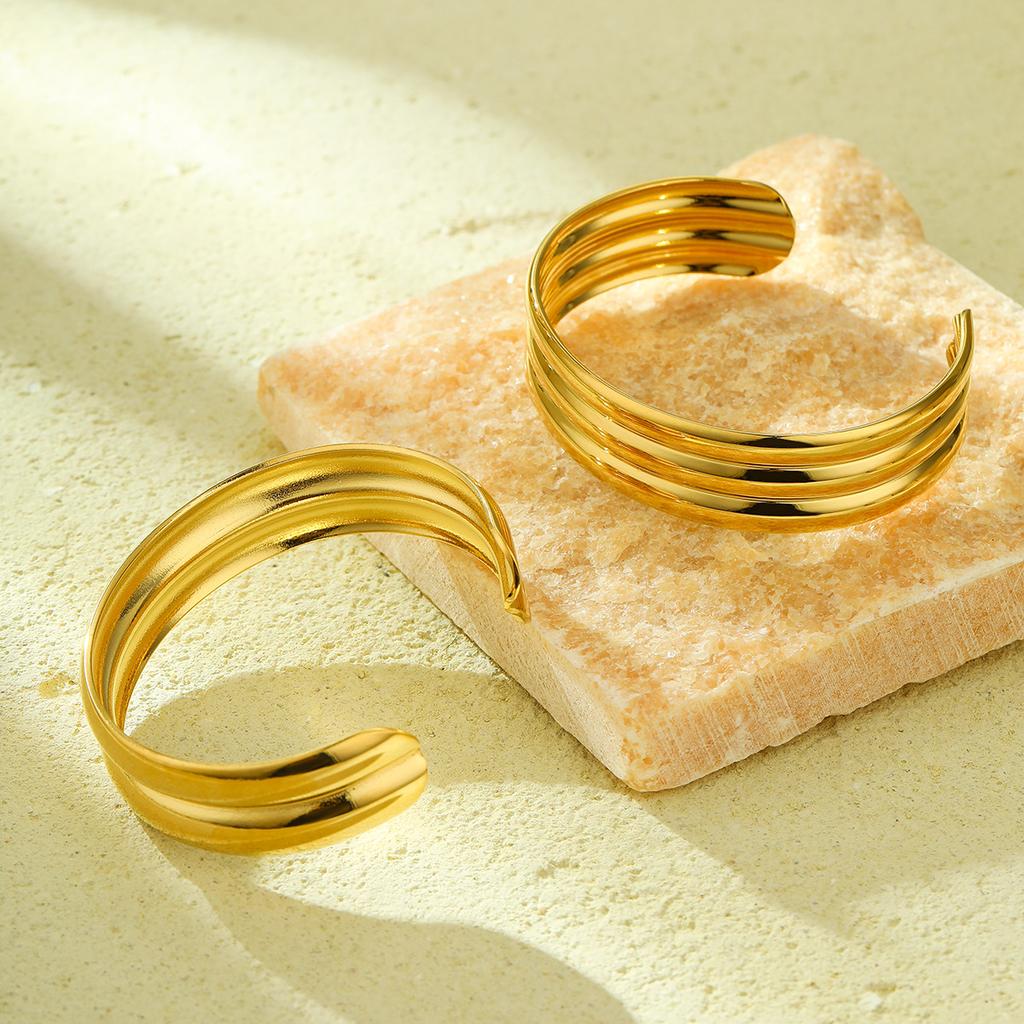 GEMCHIC Women's Double Layer Geometric Cuff Bracelet Adjustable Gold Plated Stainless Steel Bangle for Fashion