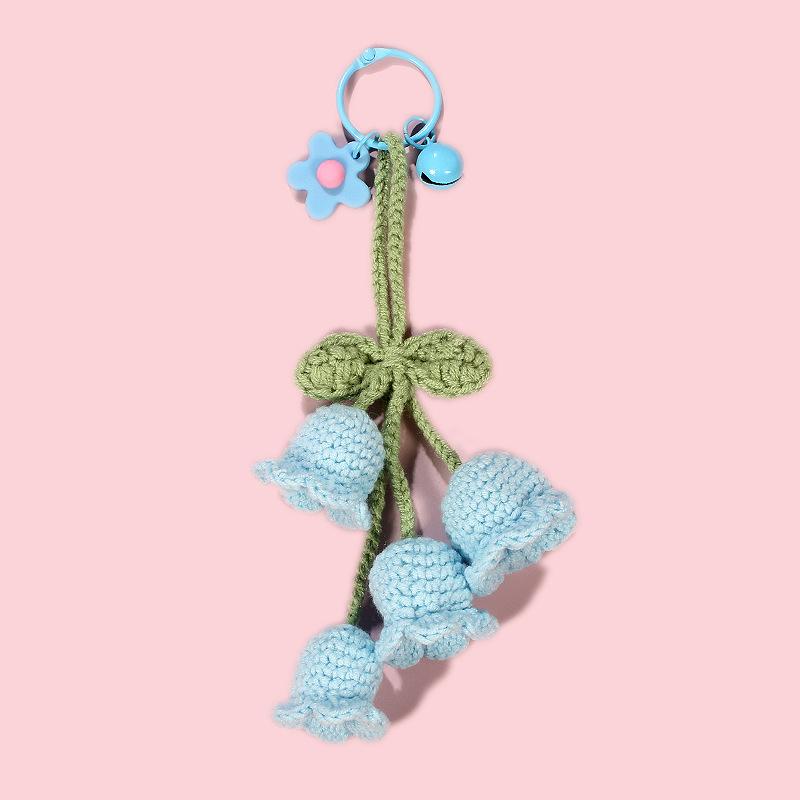 Women Bell Orchid Keychain With Bell Cute Crocheted Handbag Charms Wind Chimes Flower Keyring Bag Pendants Handmade Knitted