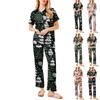 Women's Christmas Print Pajama Set Women's Short Sleeve Long Pants Two-piece Set Button-up Home Clothes