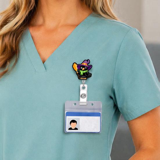 Office Badge Clip Retractable Holder, Halloween Glitter Acrylic Reel, Cute Ghost Reel Pumpkin ID Card Holder for Nurse Doctor Teacher Worker