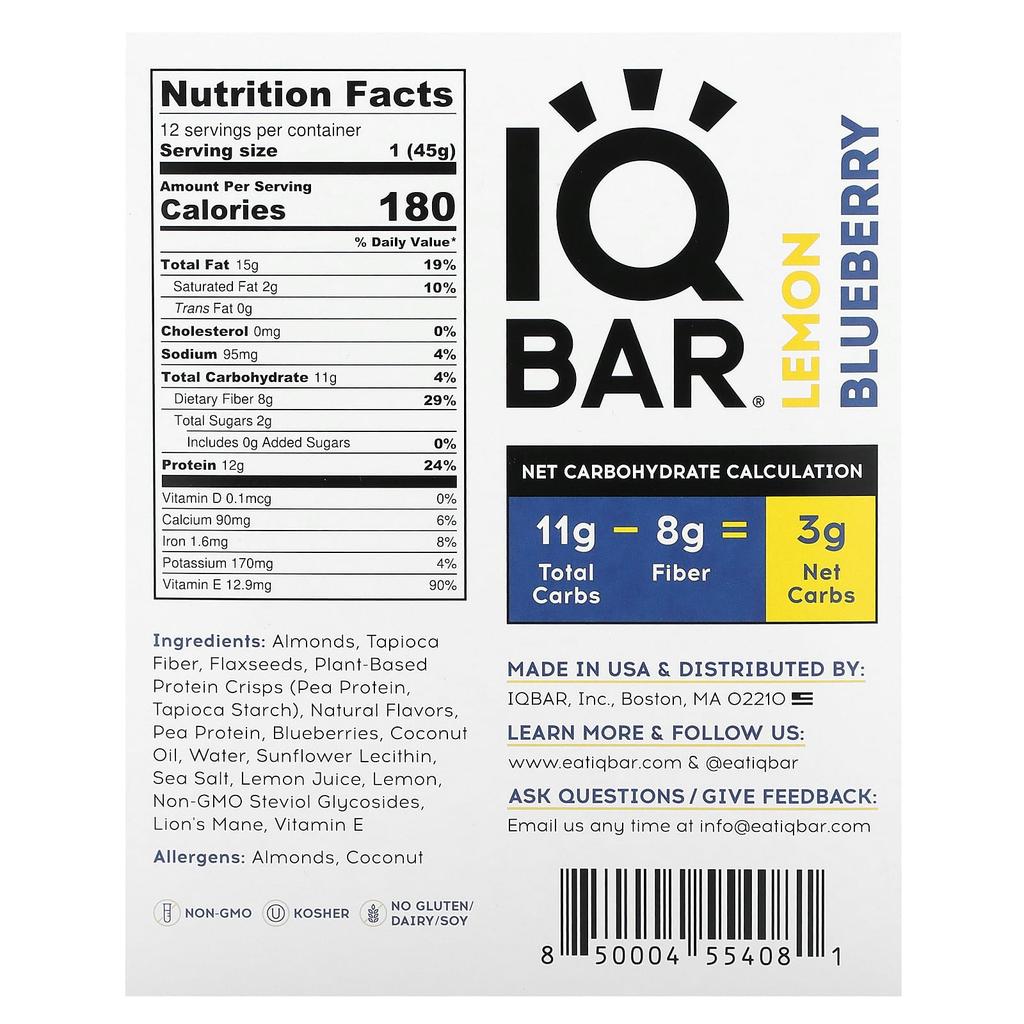 IQBAR Plant Protein Bar, Lemon Blueberry, 12 Bars, 45g (1.6oz) Each