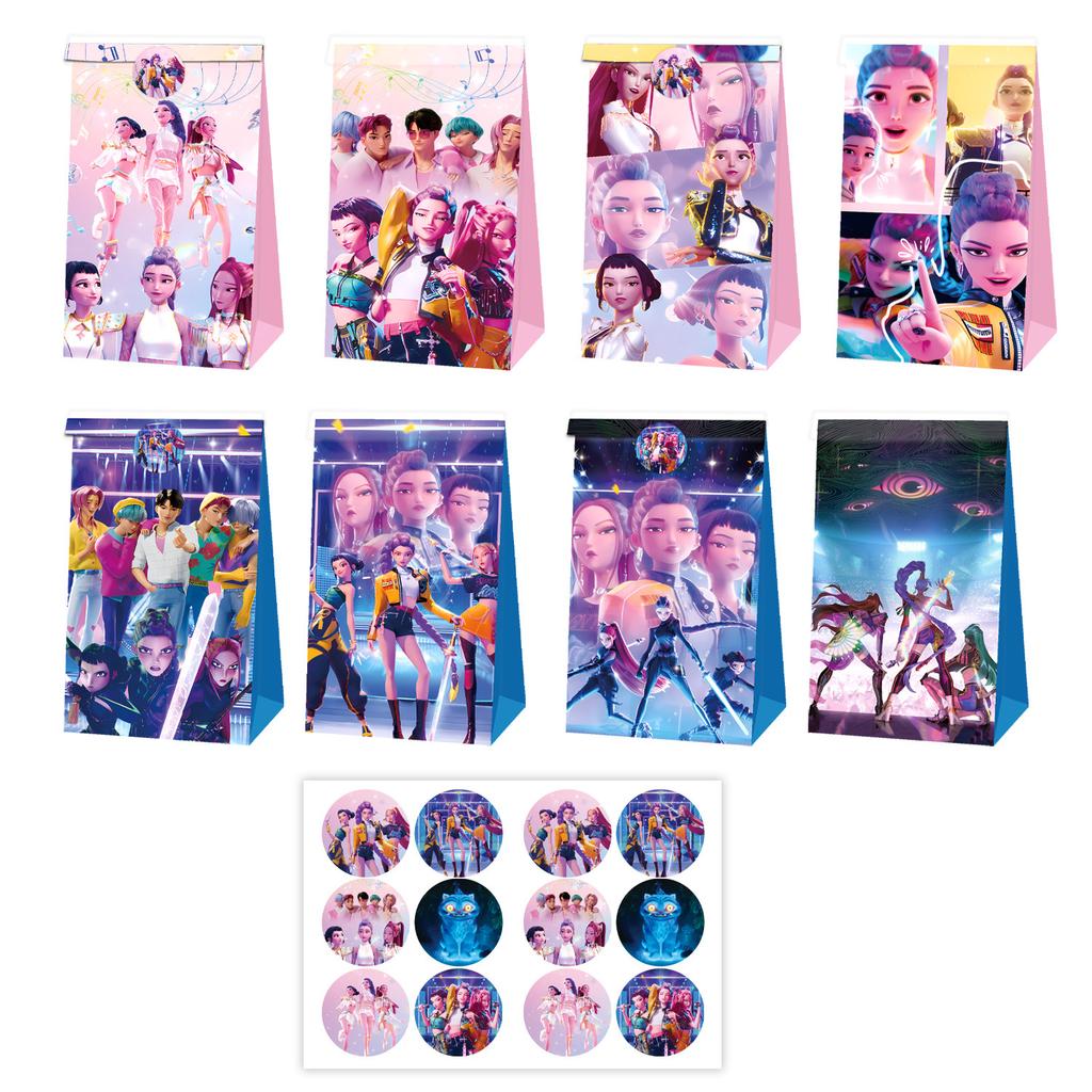 12 PCS K-POP Demon Hunters Cartoon Paper Gift Bags with Handles Holiday & Party Bags for Candy & Small Gifts, Sealable Gift Bags