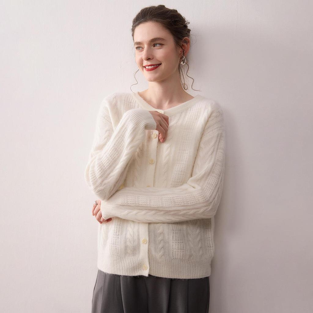 Women's Long Sleeve Korean Cable Knit Cashmere Cardigan Sweater