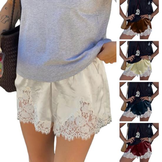 Женские атласные шелковистые шорты с кружевной отделкой, лоскутные микрошорты с низкой посадкой, шорты-боксеры, домашние шортики, пижамные штаны