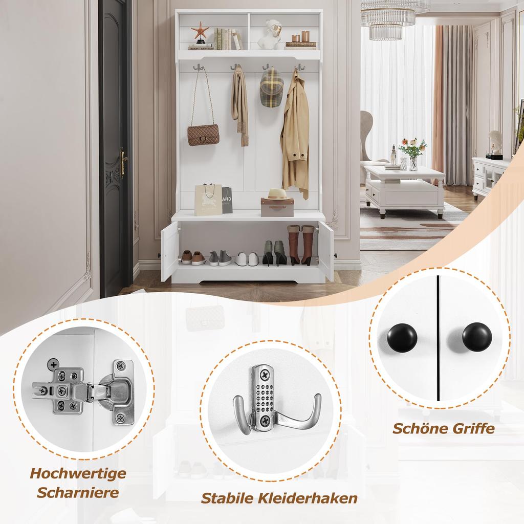 Комплект для прихожей, Современный комплект для прихожей 4 крючка для одежды, обувница, скамья для обуви, открытая полка, шкаф для прихожей, Белый
