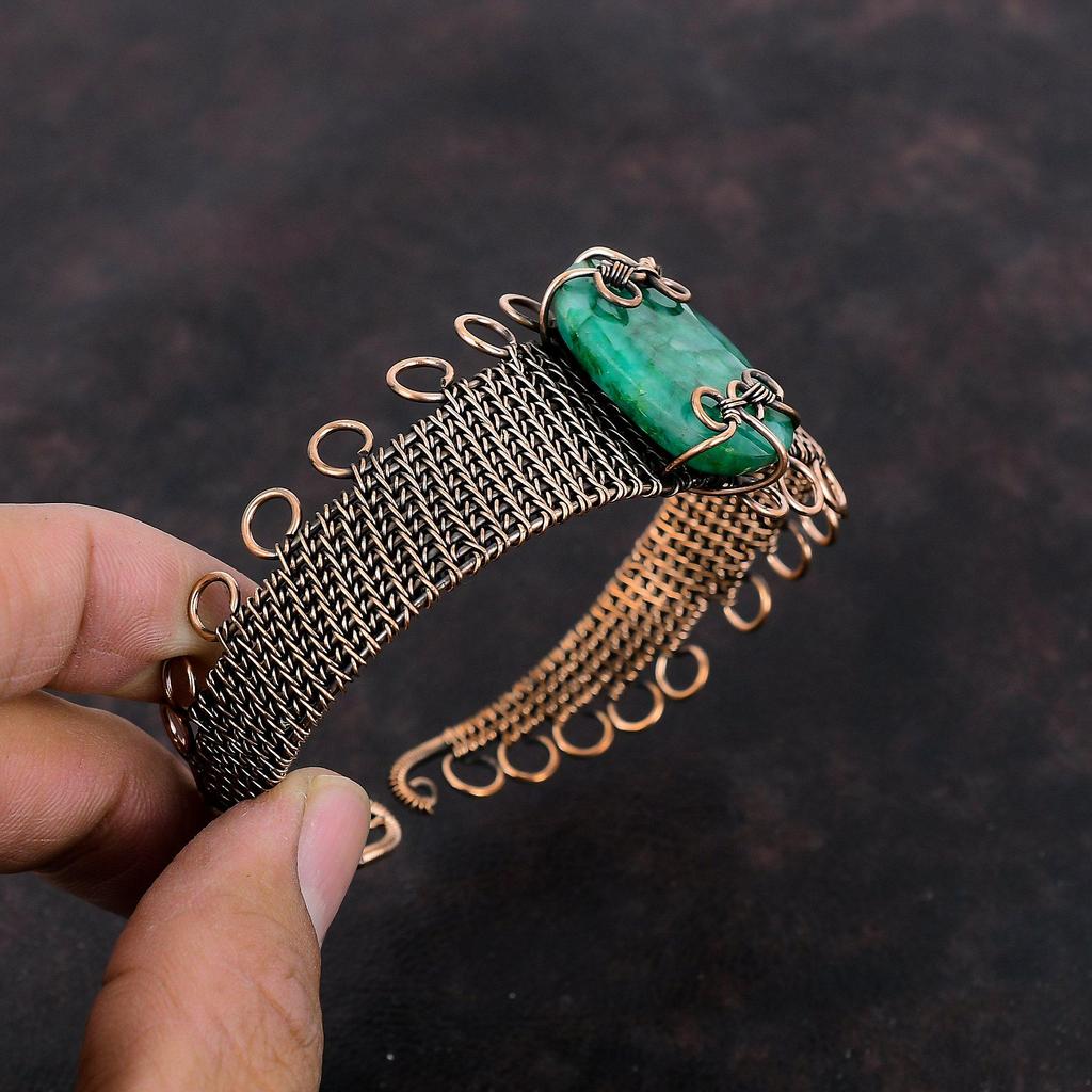 Faceted Zambian Emerald Gemstone Bangle Copper Wire Wrapped Cuff Bracelet Adjustable Bangle Copper Jewelry For Gift Handmade Elegant Bangle