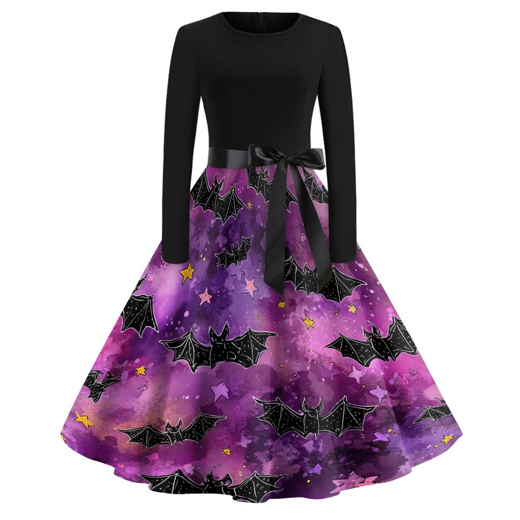 Women's Casual Vintage Halloween Dress Long Sleeve Round Neck Floral Print Retro Style A-Line Midi Dress with Waist Tie for Everyday Wear