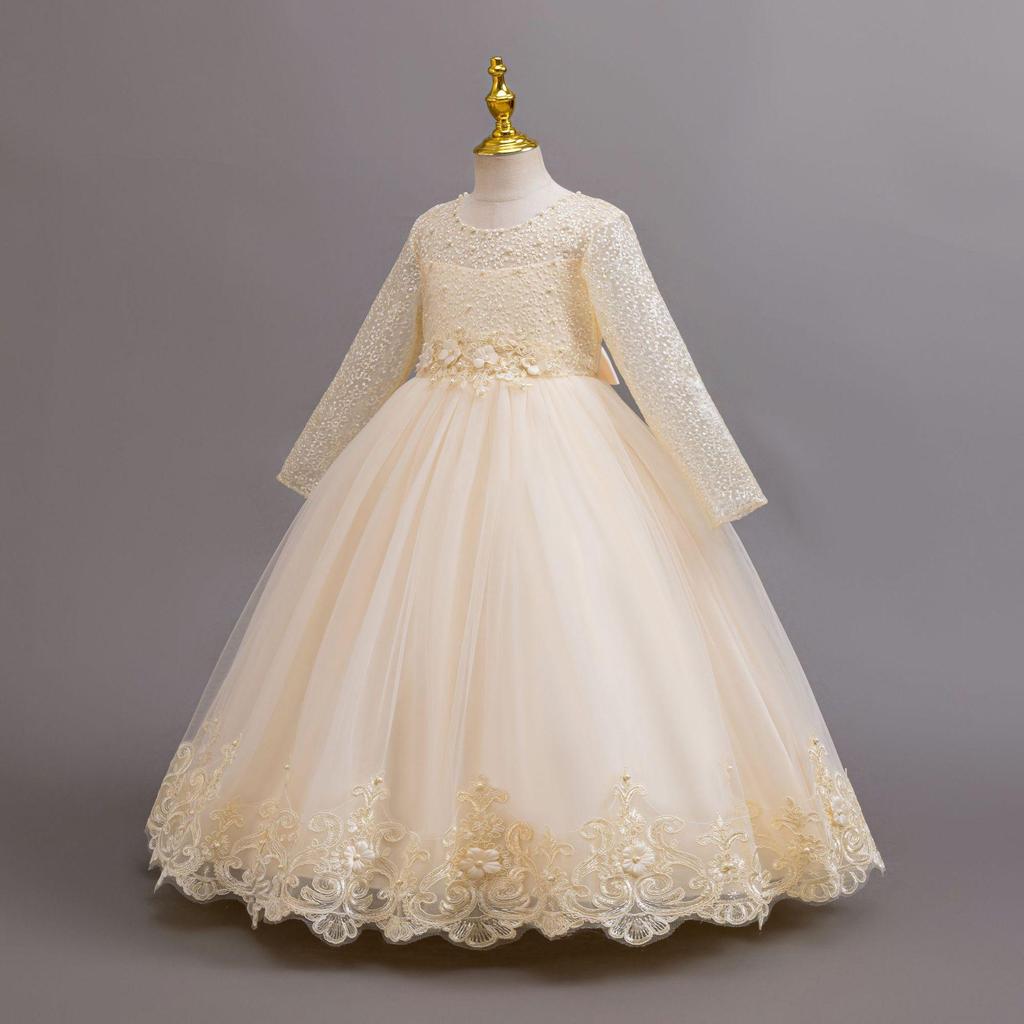 Новое элегантное платье с длинным рукавом для девочек, свадебные платья для девочек-цветочниц, кружевная официальная белая одежда от 4 до 12 лет