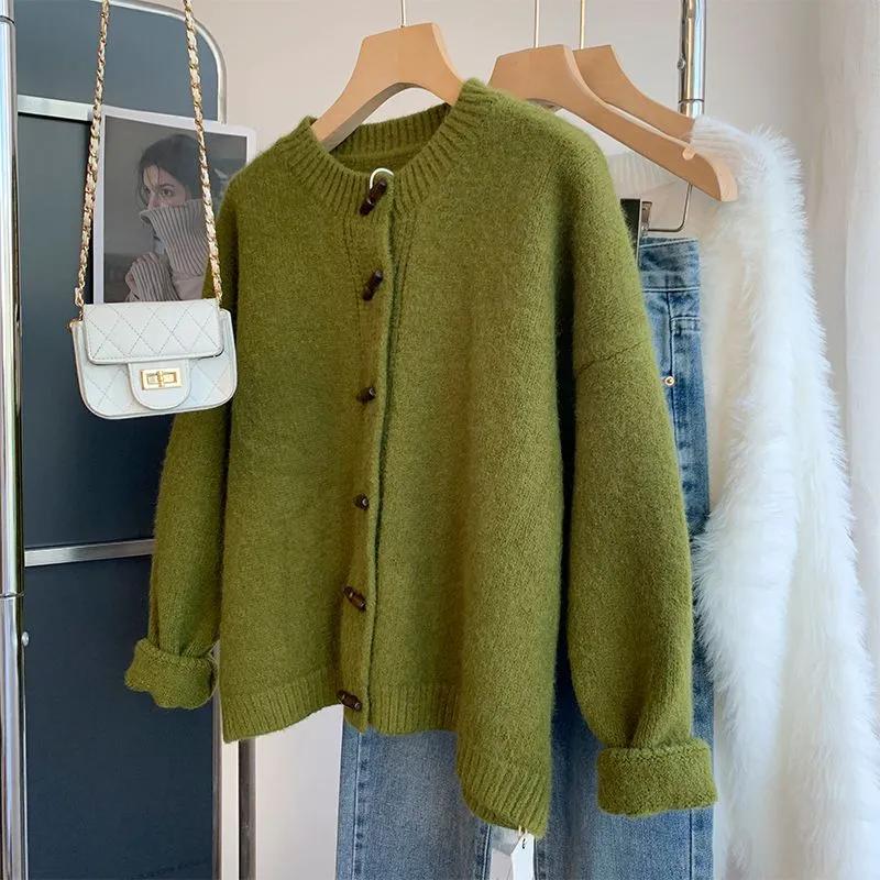 Spring Autumn Vintage Soft Supple Round Neck Sweater Knitted Cardigan Jacket for Women Top
