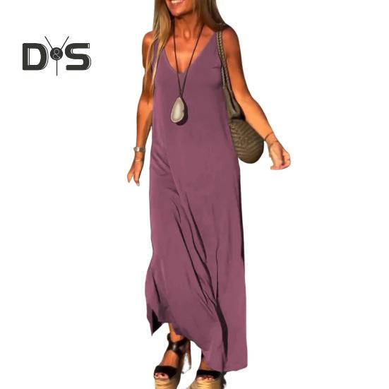 Женское летнее платье-комбинация без рукавов, повседневное платье макси с V-образным вырезом и разрезом, свободный пляжный сарафан, наряд для путешествий и отпуска