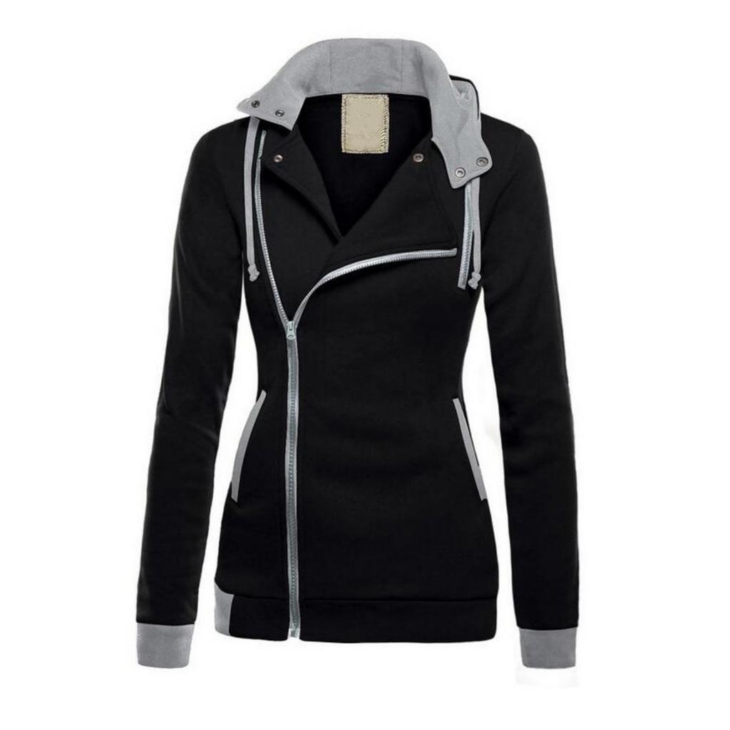 Women's Spring Fleece Lined Color Block Hooded Sweatshirt, Thickened Warm Diagonal Zipper Hoodie