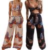 Women Casual Butterfly Printed Sleeveless Camis Tops+Long Pants 2 Piece Set