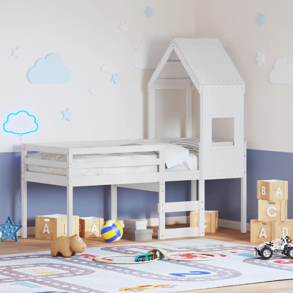 High Bed with Roof White 90 x 190 cm Solid Pine Wood