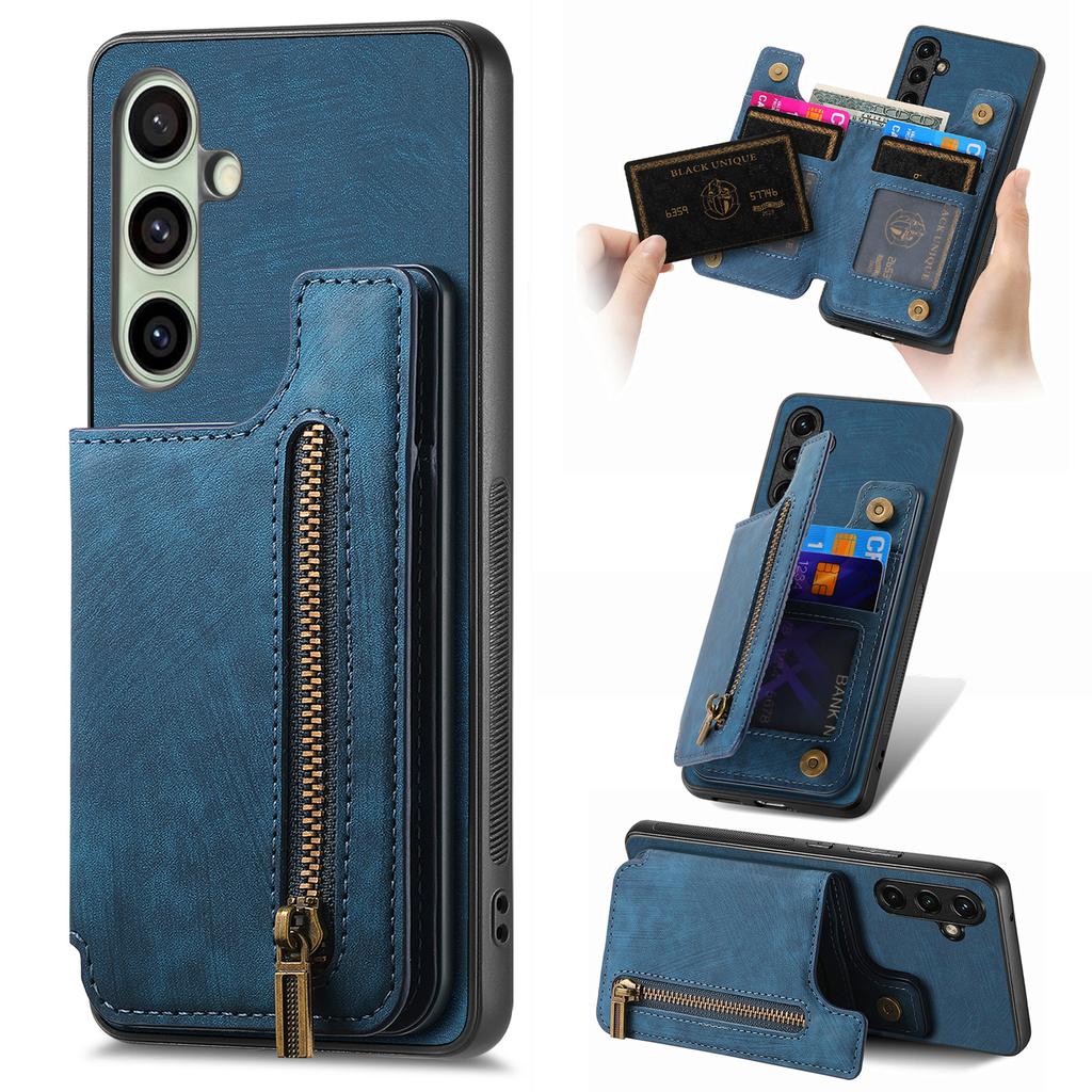 For Samsung Galaxy S25+ Case with Zipper Card Holder Retro Leather TPU Phone Cover