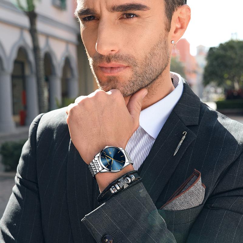 ONTHEEDGE Ультратонкие мужские кварцевые мужские часы с календарем из нержавеющей стали, водонепроницаемые часы