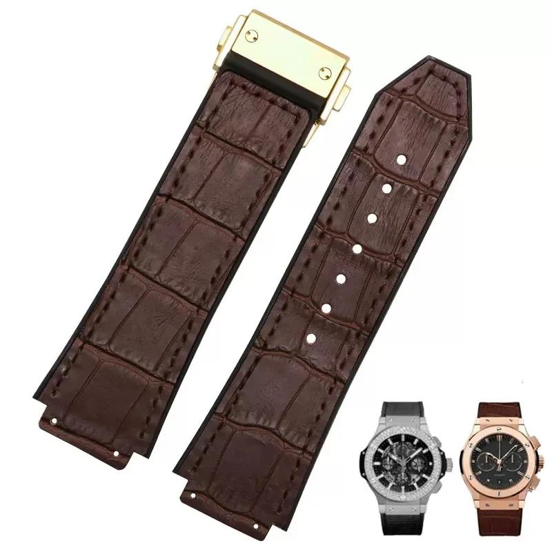 26x19 мм Настоящая Коровья Кожа Резина Ремешок для Часов для HUBLOT Classic Fusion Universe Big Bang Серии Мужской ремень Ремешок для Часов Бабочка Пряжка