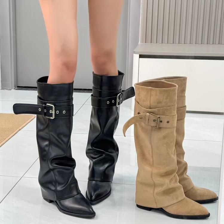 Belt buckle boots women's autumn new black thick heel high heel round head showing legs straight trousers boots stacking boots