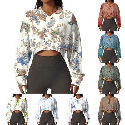 Женская повседневная модная сексуальная удобная спортивная толстовка с V-образным вырезом и длинным рукавом с цветочным принтом