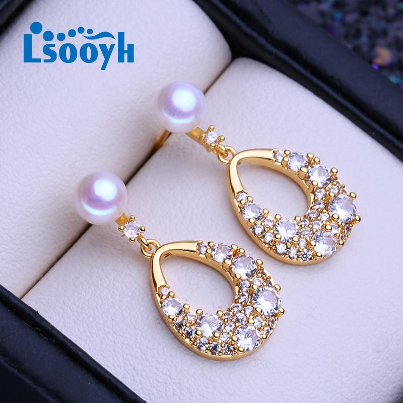 LSOOYH серьги-гвоздики из натурального пресноводного культивированного жемчуга для женщин и девочек, модные серьги-гвоздики с цирконием золотого цвета, свадебные украшения