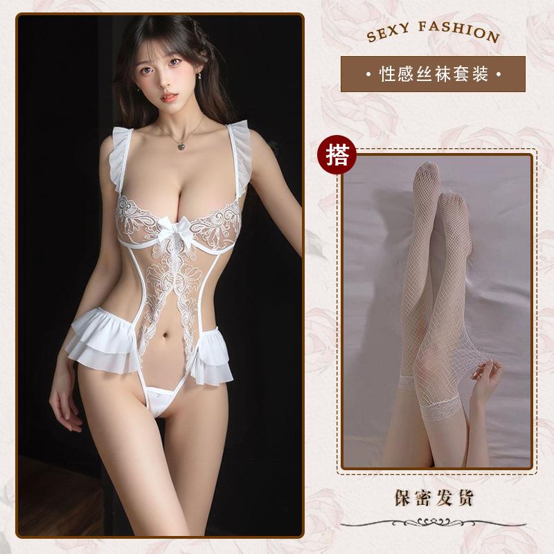 Sexy underwear Sexy lace one-piece suspender pajamas Hollow open crotch Hot robe Small breasts gather uniform free