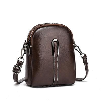 Винтажная вощеная коровья кожаная сумка через плечо для мобильного телефона с двойной молнией