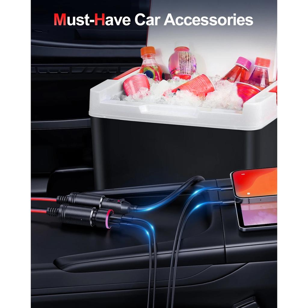 1 на 2 автомобильных разветвителя розетки, порт зарядного устройства 16AWG 12/24 В, 2-канальный разветвитель с предохранителем 10 А