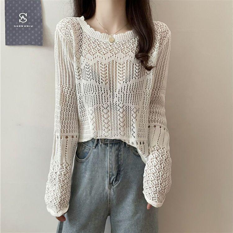 Spring Hollow Sunscreen Knitted Long-sleeved T-shirt Women's Loose Short Versatile Top Solid Color Thin Blouse