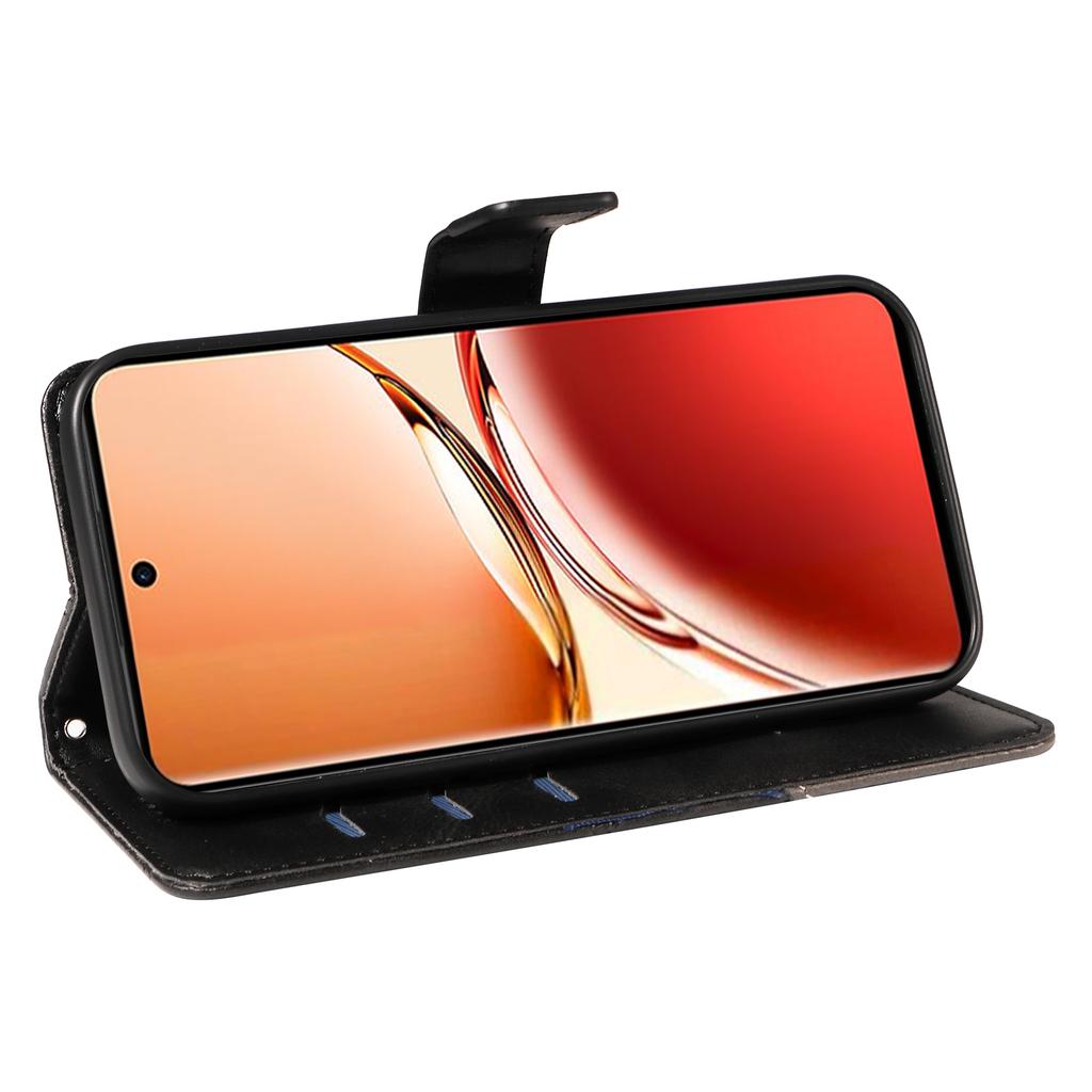 For Oppo Reno12 F 4G Case Leather Geometric Line Phone Cover Card Holder Wrist Strap