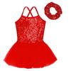 Kids Girls Ballet Dance Performance Costume Sequined Tutu Dress with Hair Tie Headwear