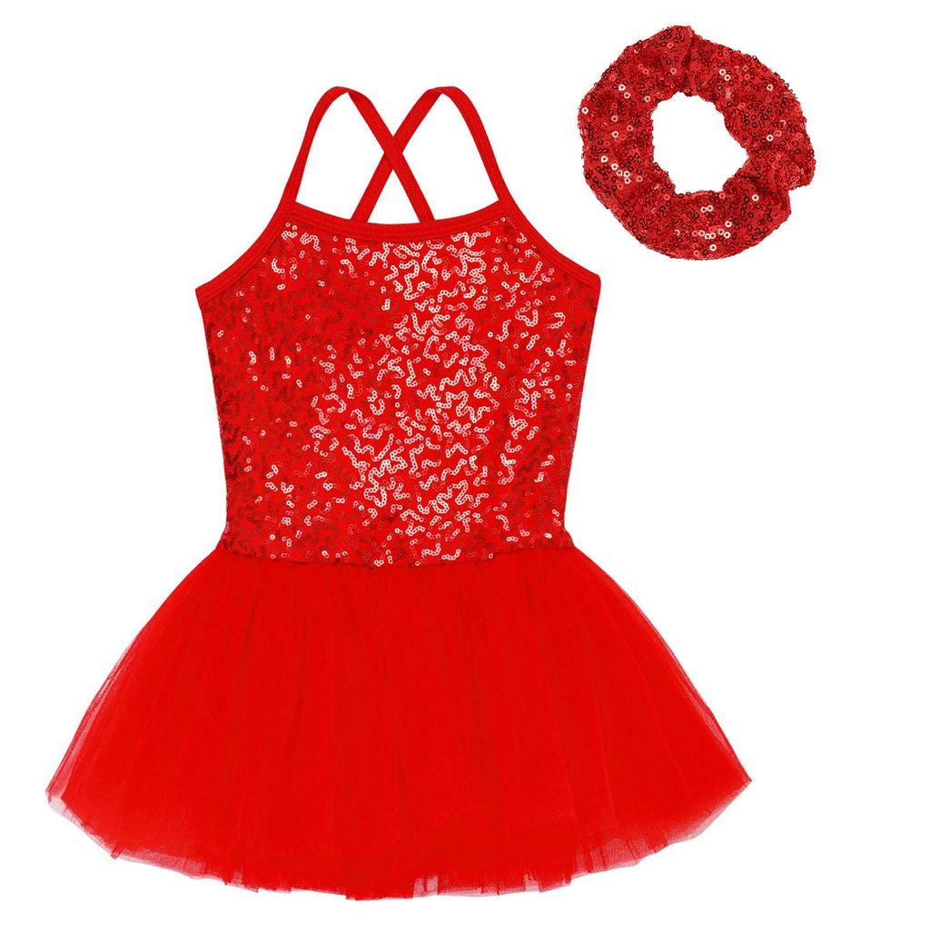 Kids Girls Ballet Dance Performance Costume Sequined Tutu Dress with Hair Tie Headwear