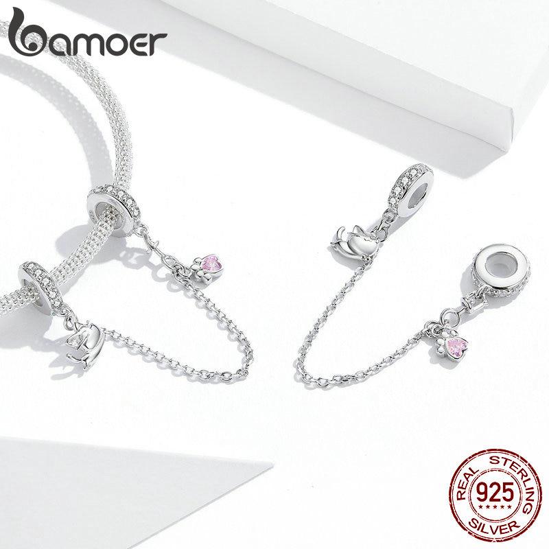 BAMOER 925 Stelring Silver Защитная цепочка Kitty Cat Четырехлистный клевер Подвеска подходит для оригинального браслета Ювелирные изделия