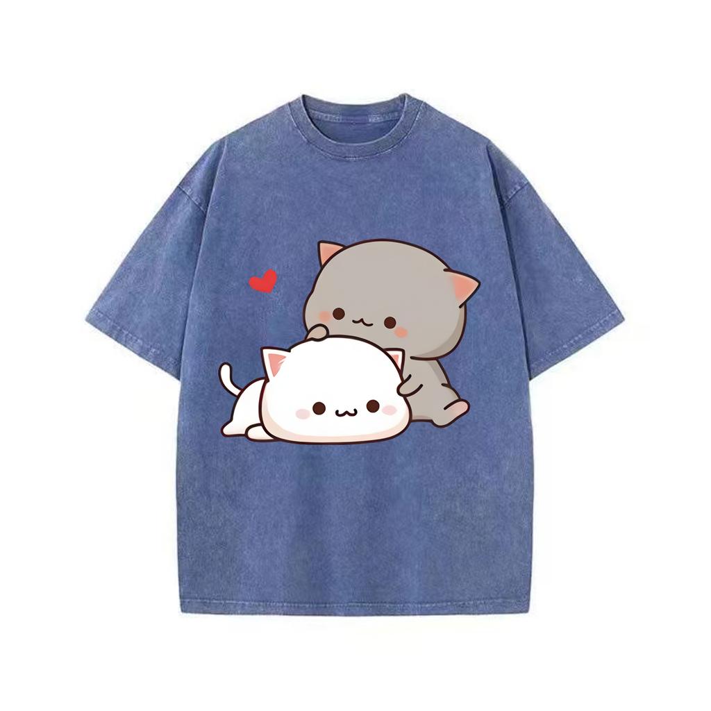 Футболка с аниме Kawaii Girl, флисовая футболка Harajuku, свободный повседневный свитер, милая парная футболка для подарка на День святого Валентина, винтажная футболка в стиле ретро с эффектом потертости