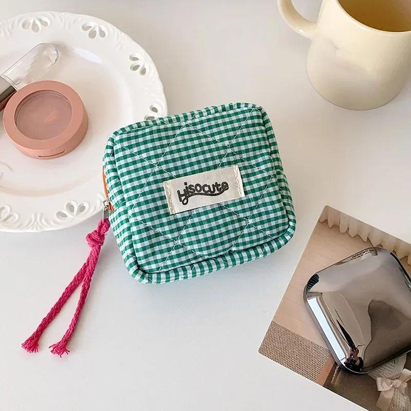Мини-клетчатая многофункциональная косметичка для хранения помады, минималистичный клетчатый косметичка из полиэстера, маленький кошелек для монет на молнии